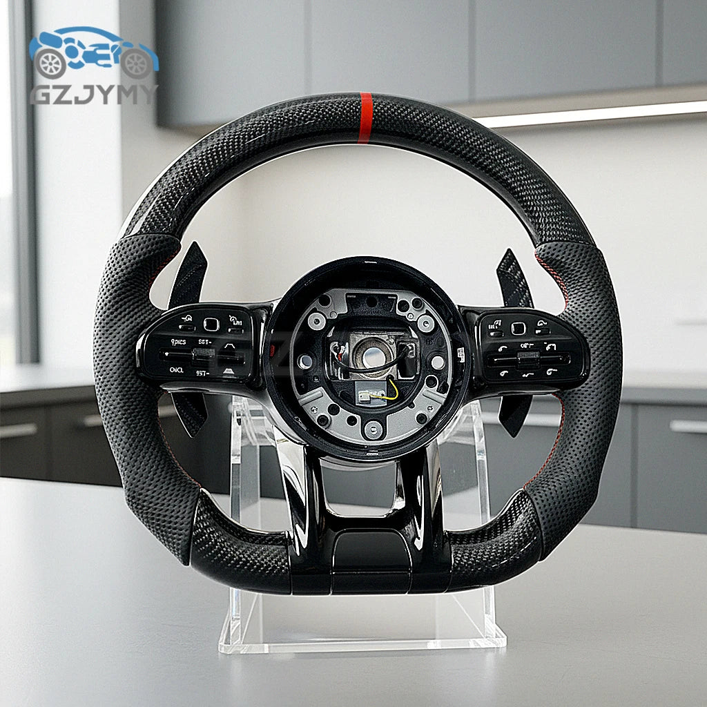 Carbon Fiber Steering Wheel Black Leather LED RPM Sports Upgrade for Mercedes-Benz AMG C/E/S-Class Without airbags