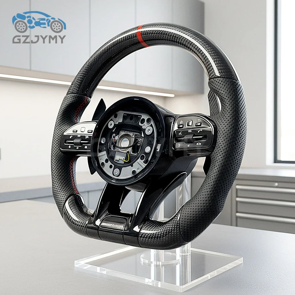 Carbon Fiber Steering Wheel Black Leather LED RPM Sports Upgrade for Mercedes-Benz AMG C/E/S-Class Without airbags