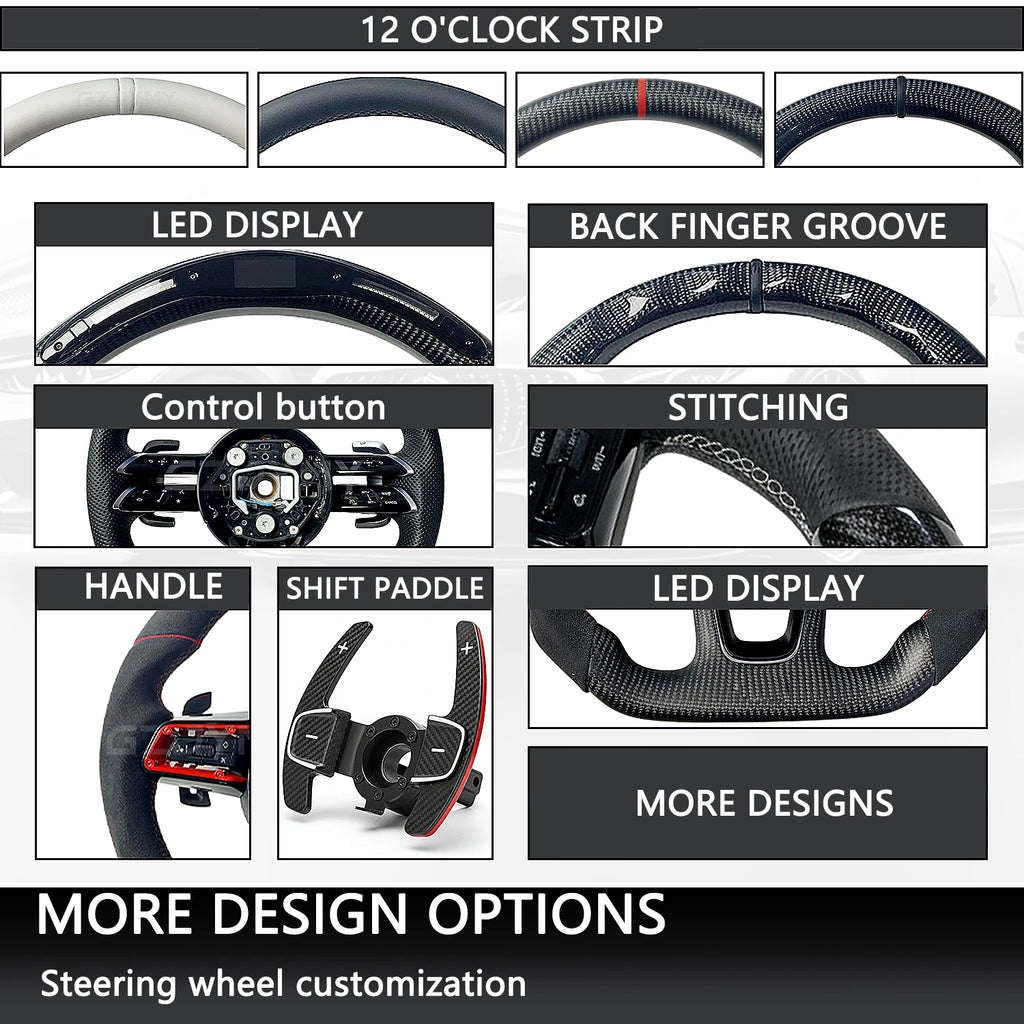 Carbon Fiber Steering Wheel Black Leather LED RPM Sports Upgrade for Mercedes-Benz AMG C/E/S-Class Without airbags