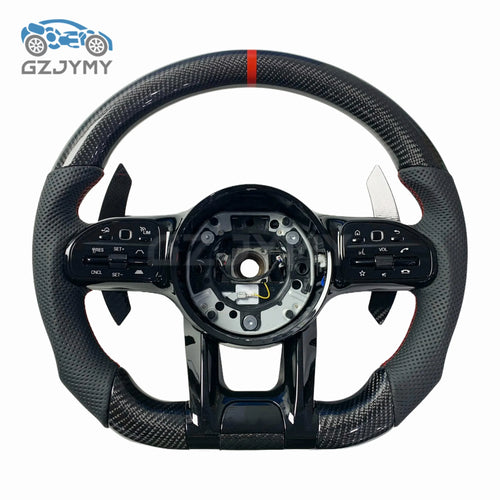Carbon Fiber Steering Wheel Black Leather LED RPM Sports Upgrade for Mercedes-Benz AMG C/E/S-Class Without airbags
